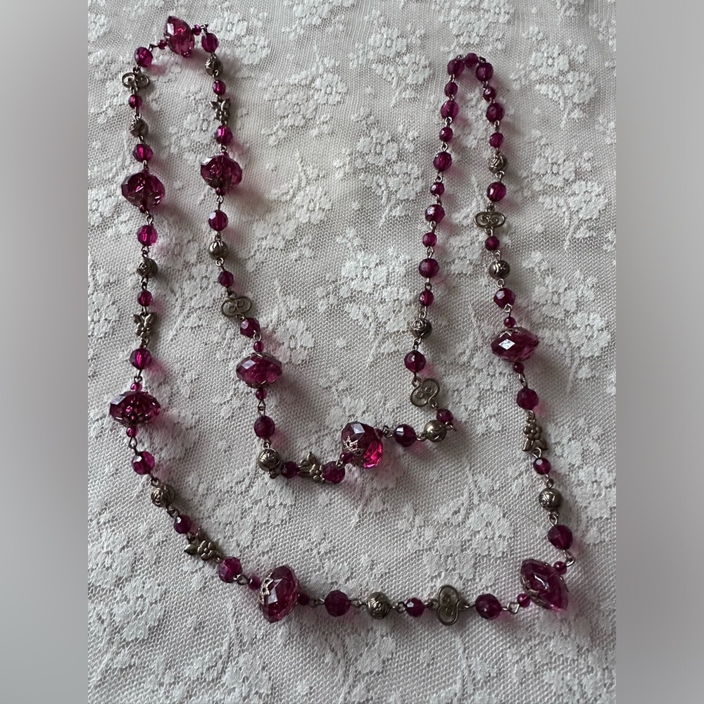 Vintage Pink Red and Gold Toned  Long Beaded Necklace not signed 40 inches